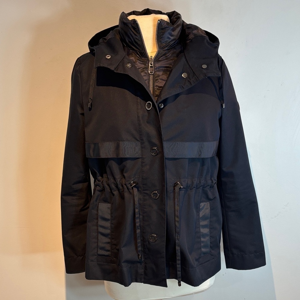 JOOP! Women's navy blue gathered waist peplum rain Jacket zip-out vest sizeUS4